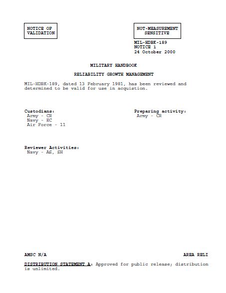Military Handbook- Reliability Growth Management (Notice of Validation ...