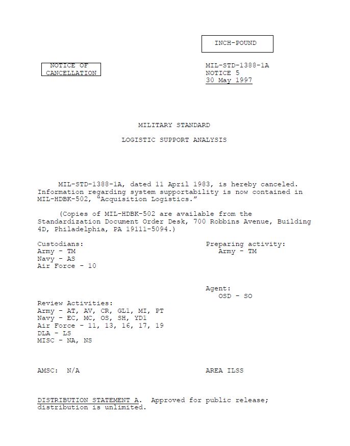 MIL STD- Logistic Support Analysis (notice of cancellation) | SE Goldmine