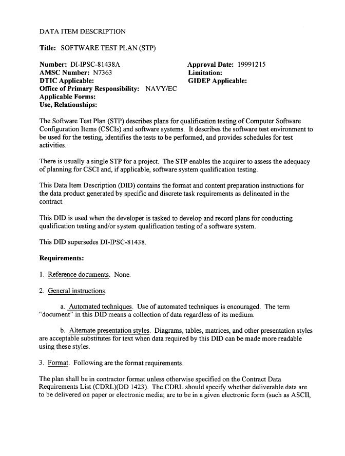 DID- Software Test Plan (STP) | SE Goldmine